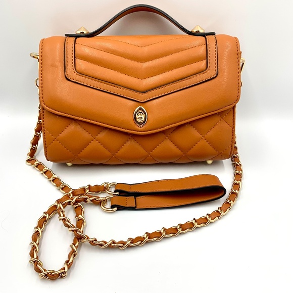 Fashion Handbags - Chic brown/tan top handle trendy quilted shoulder crossbody bag gold-tone chain